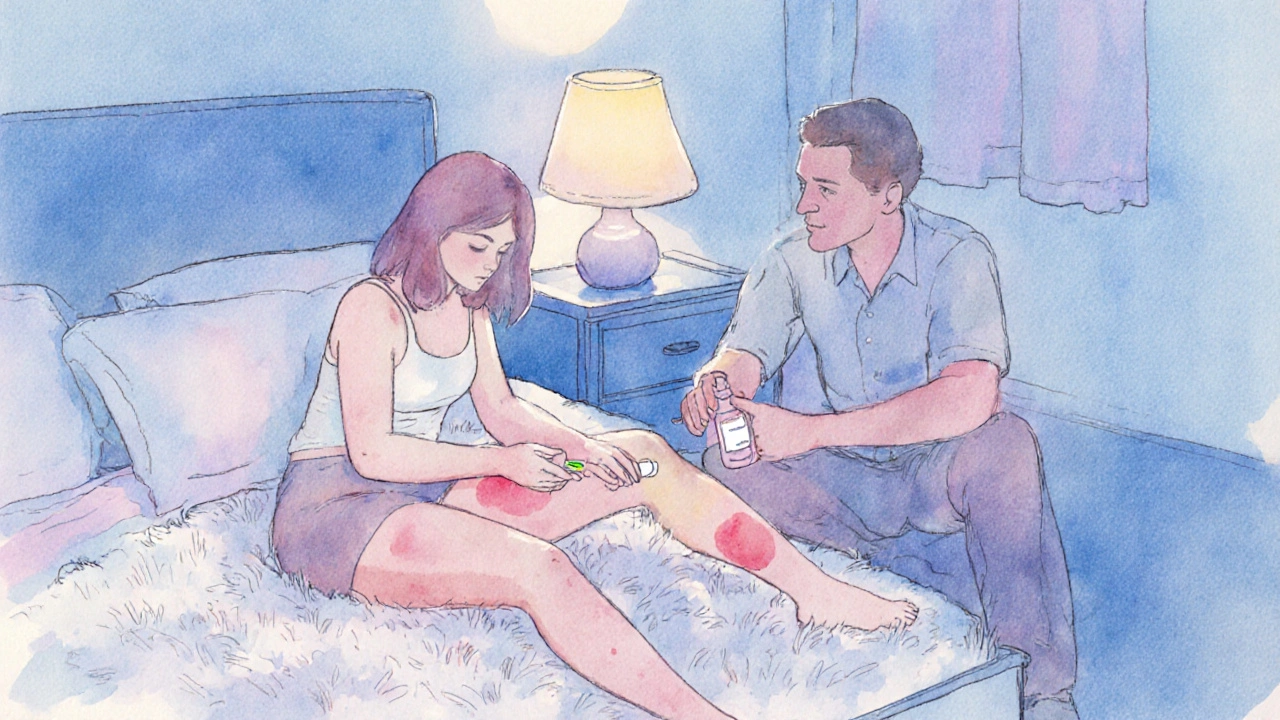 Bedroom scene of a couple applying cream and lubricant, adapting intimate positions with care.