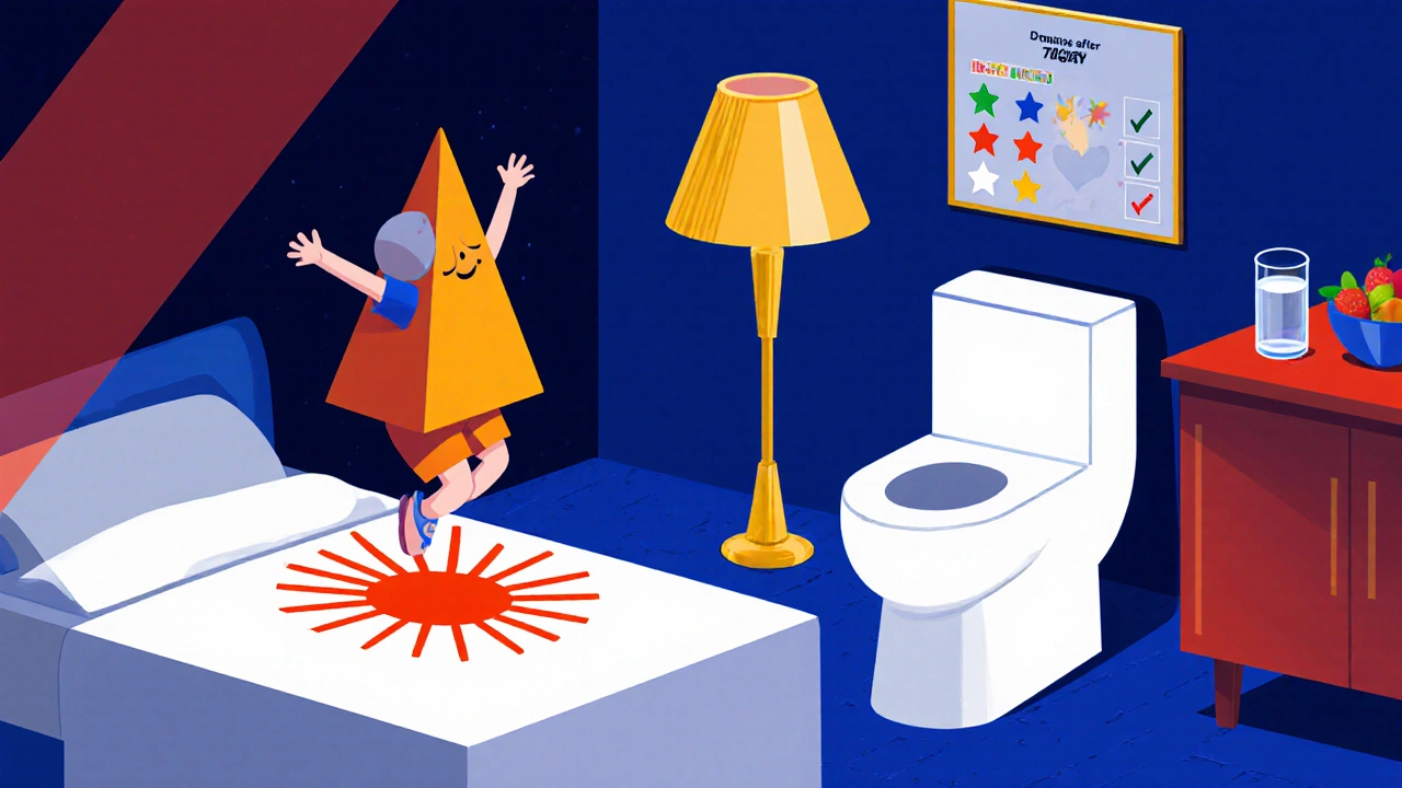 Child waking to an enuresis alarm, using the toilet, with a reward chart and fluid schedule.