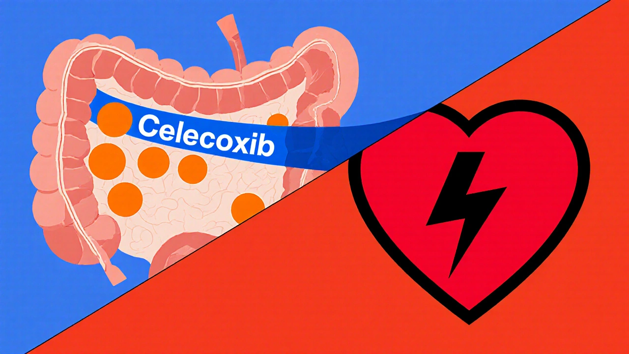 Colon with polyps being removed by blue ribbons, alongside a heart warning symbol.