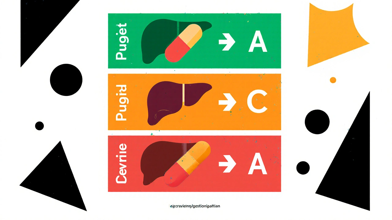 Constructivist dosing chart with three panels showing pill size and liver icons for impairment levels.