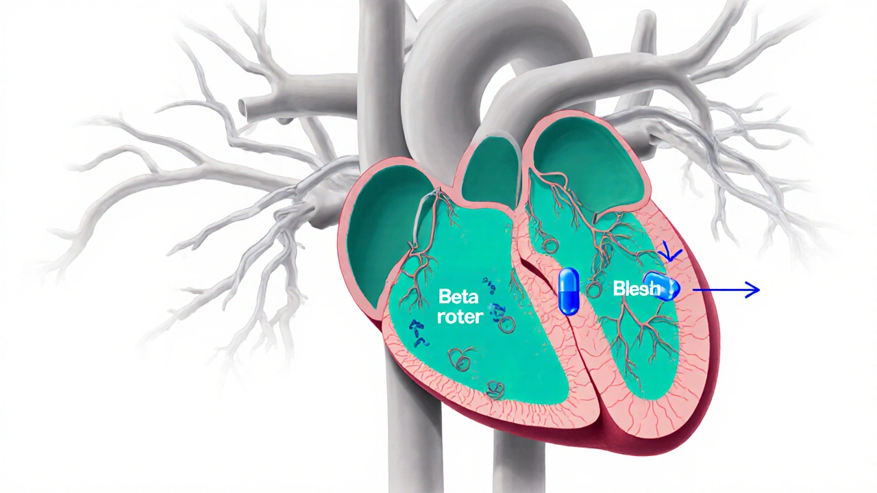 Cutaway heart illustration showing beta‑blockers blocking receptors.
