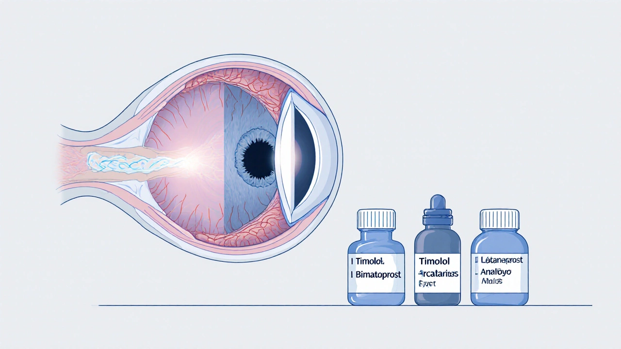Detailed eye cross‑section showing drainage pathway enhanced by medication, with three eye‑drop bottles nearby.