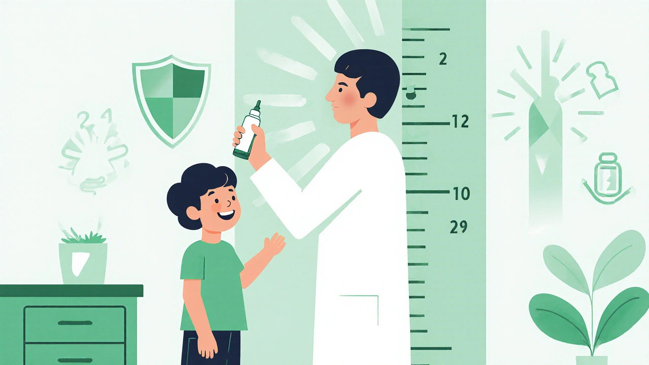 Doctor checking child&#039;s height, holding mometasone spray, with safety symbols in clinic.