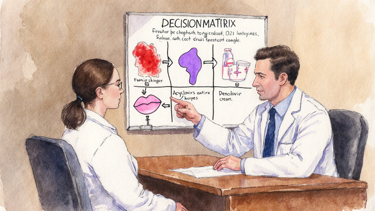 Doctor consulting patient with illustrated decision matrix for antivirals.