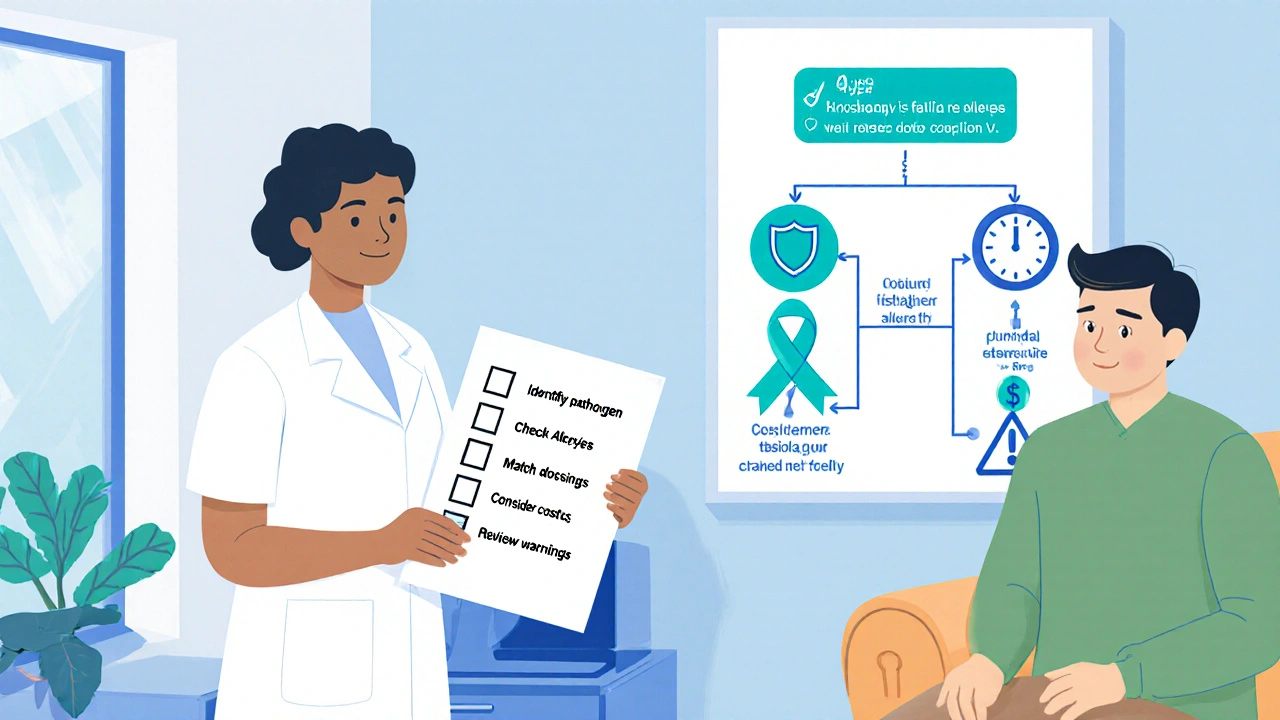 Doctor giving a checklist to a patient with icons and a decision tree highlighting Cefaclor.