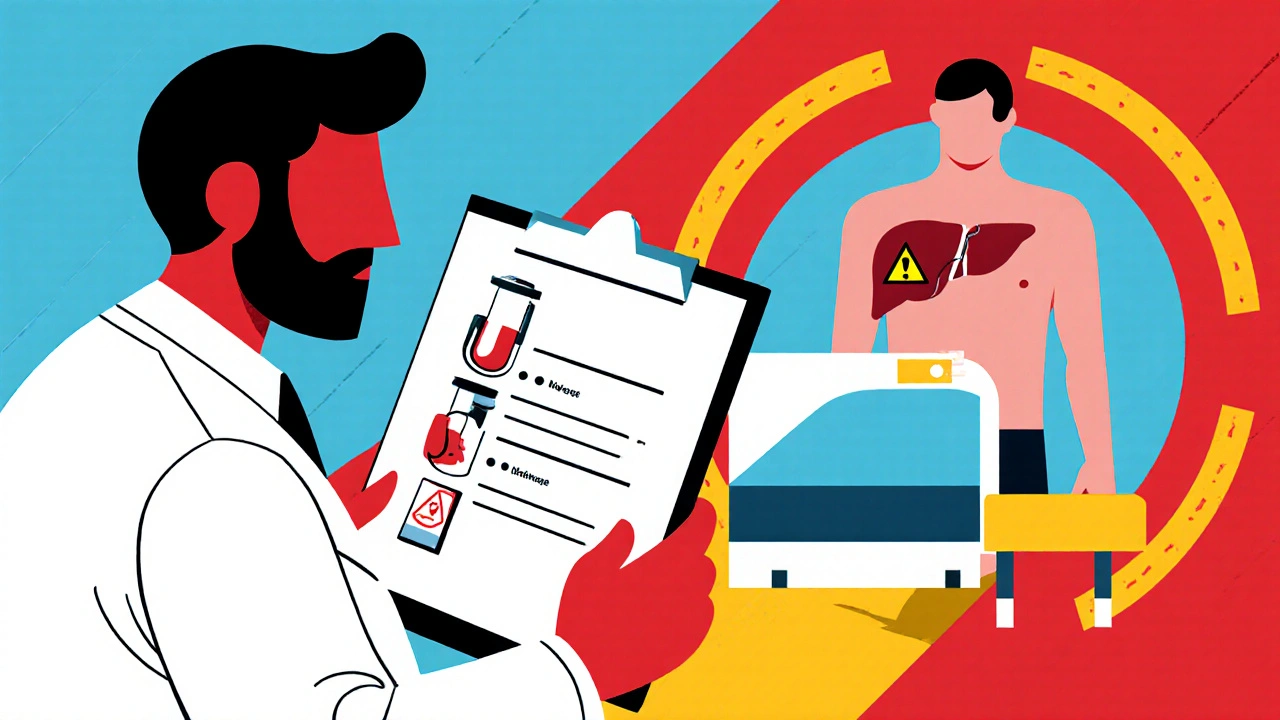 Doctor with clipboard reviewing lab and medication icons next to patient with highlighted liver.