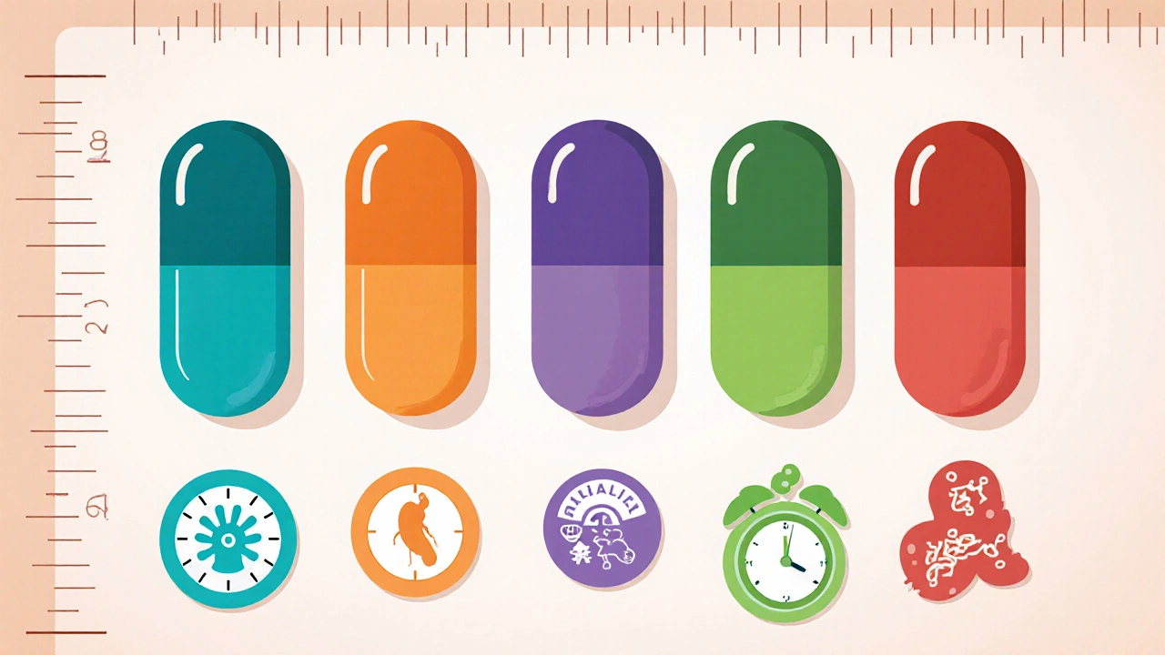 Five antibiotic pills with symbols for spectrum, dosage, food impact, and side effects.