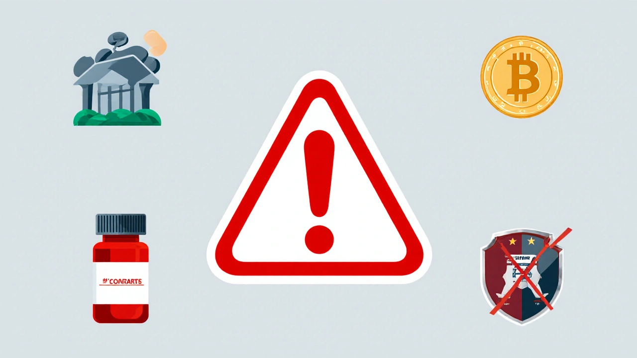 Flat illustration of warning symbols for counterfeit medication and MHRA shield.