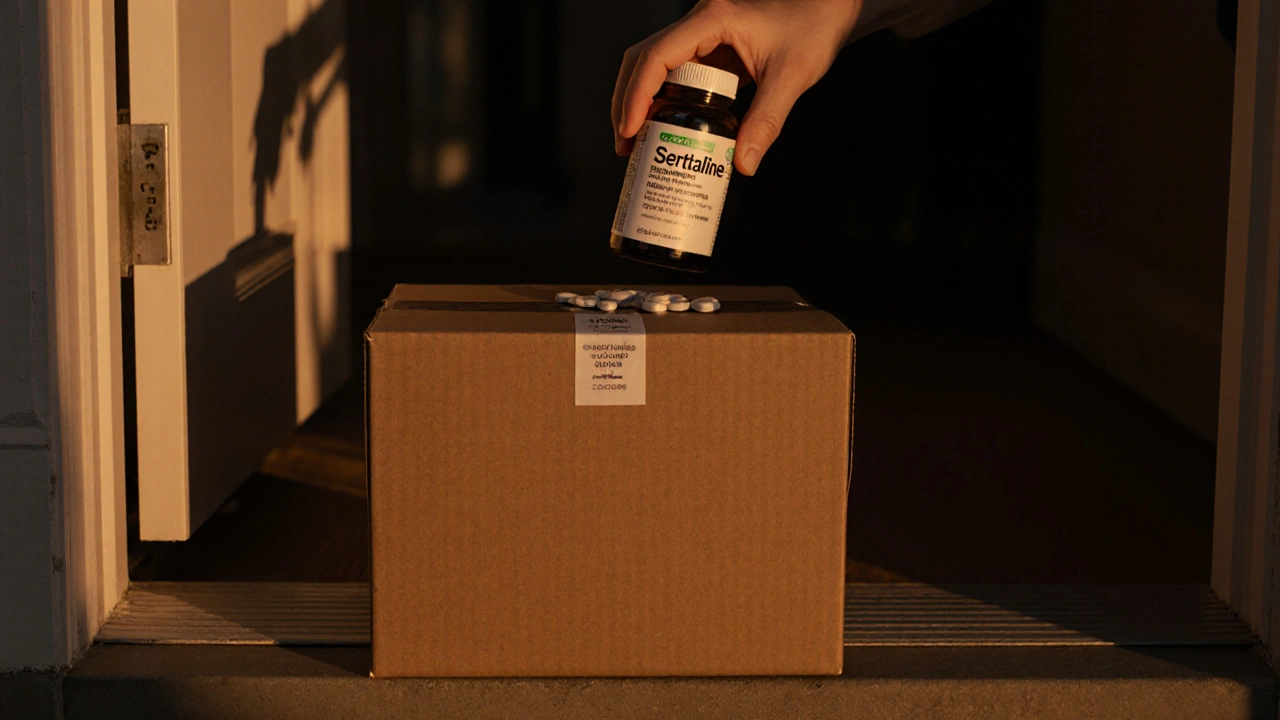 Hands opening a discreet package revealing a bottle of generic sertraline tablets.