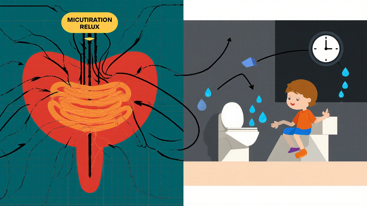 Illustrated bladder with detrusor muscle and brain‑spinal reflex alongside a child at bedtime.