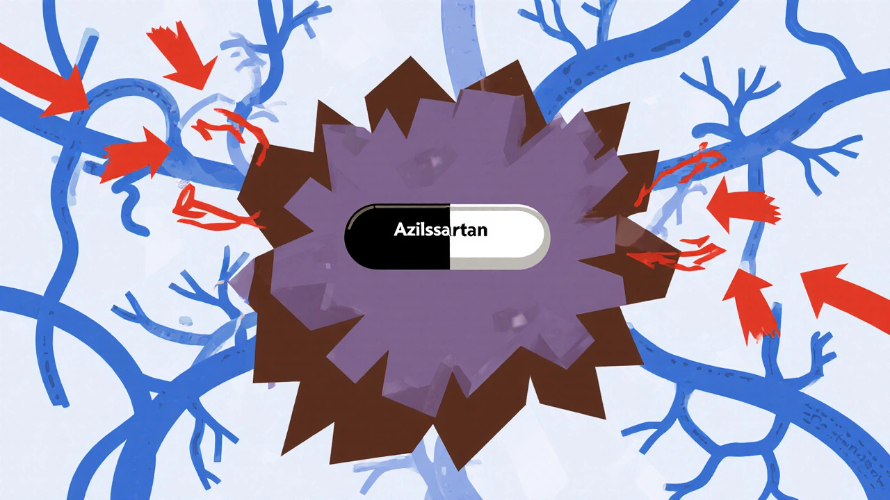 Illustration of angiotensin II, tumor, and azilsartan blocking AT1 receptor in geometric design.