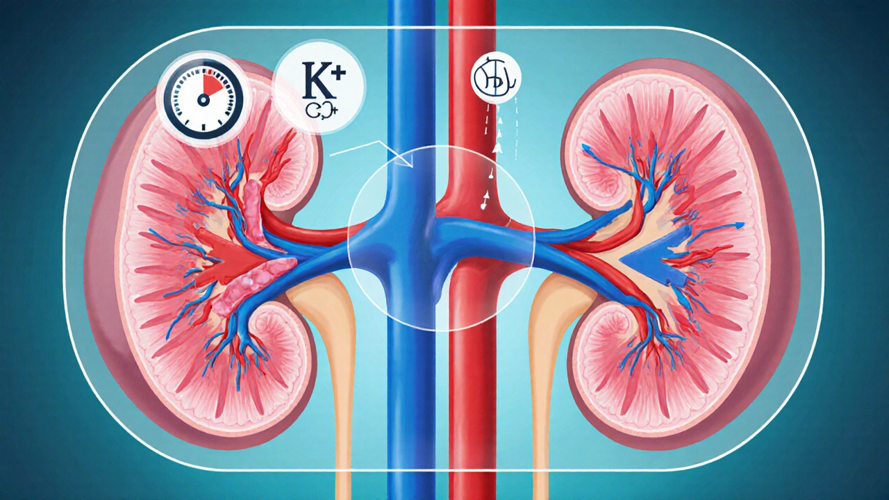Kidney diagram showing hyperfiltration, renin‑angiotensin activation, and electrolyte symbols.