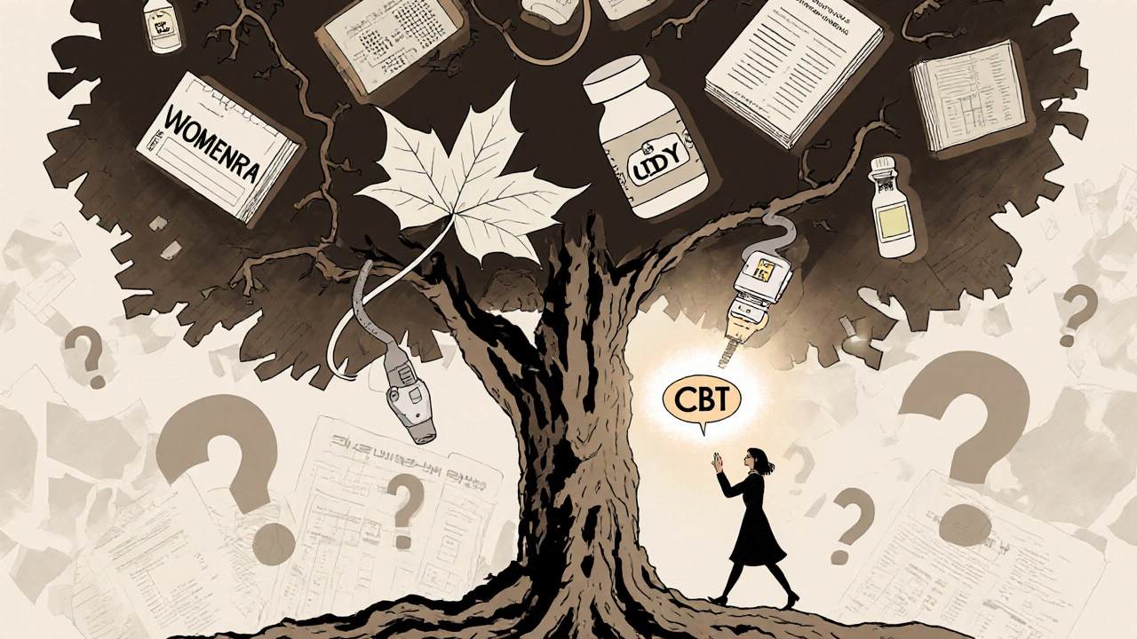 Mechanical tree with medical treatments as branches, woman reaching for CBT leaf amid falling pills.