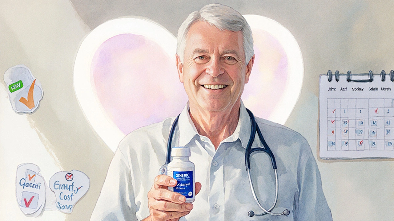 Patient holding a generic clopidogrel bottle with heart and calendar indicating savings.