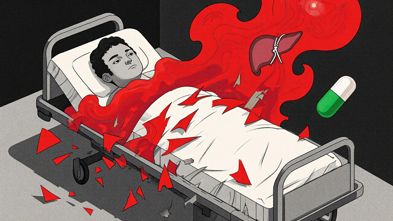 Patient surrounded by abstract red lactic acid waves, with a safe green pill in corner under medical alert light.