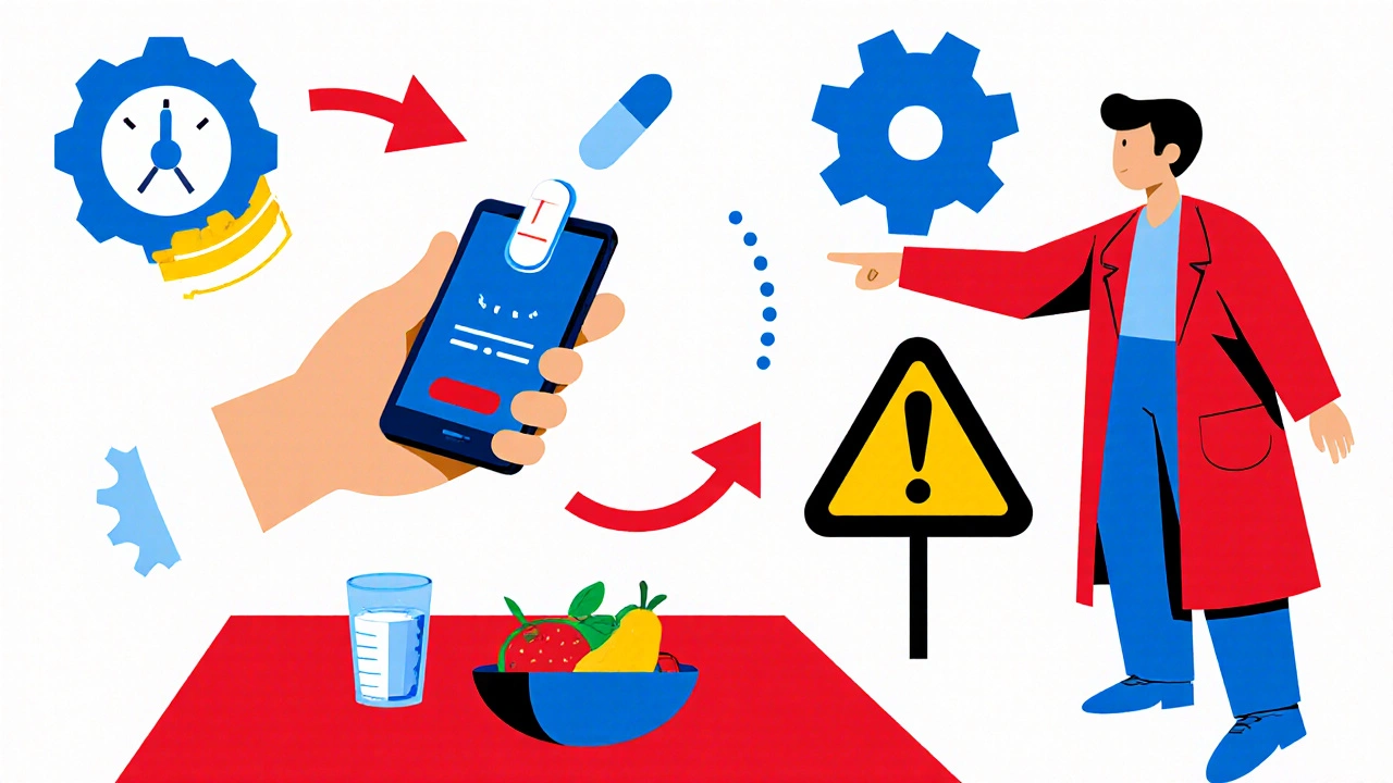 Patient using phone alarm, drinking water, and doctor figure illustrating treatment tips.