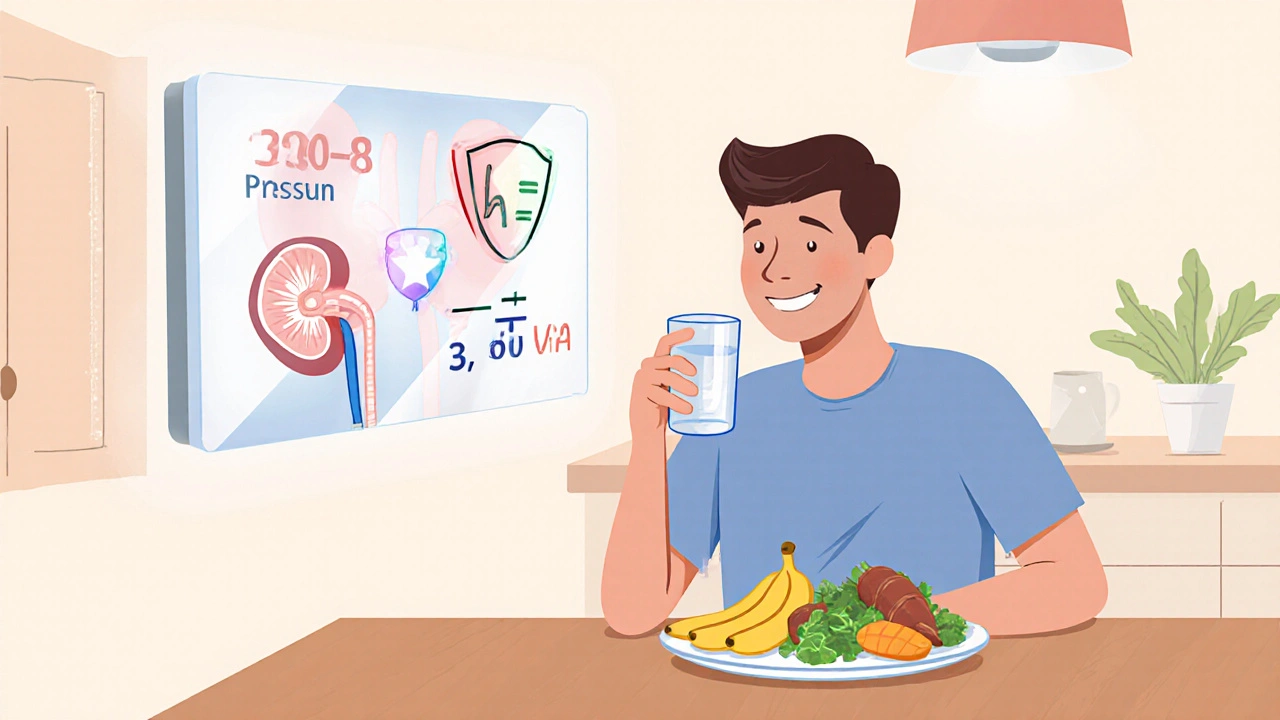 Person drinking water and eating healthy foods with health monitors for thyroid and kidneys.