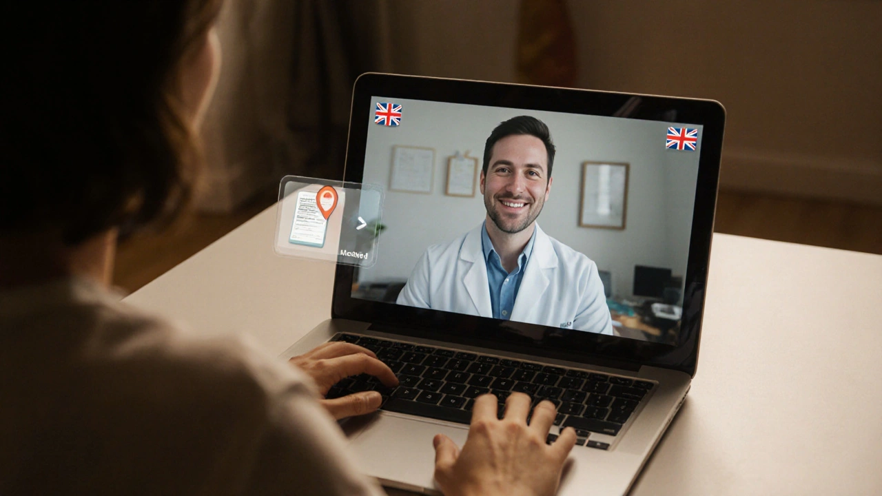 Person on a video call with a doctor, laptop showing a digital prescription icon.