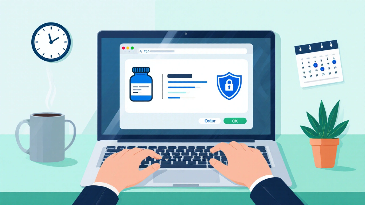 Person uploading a prescription on a laptop with security icons.