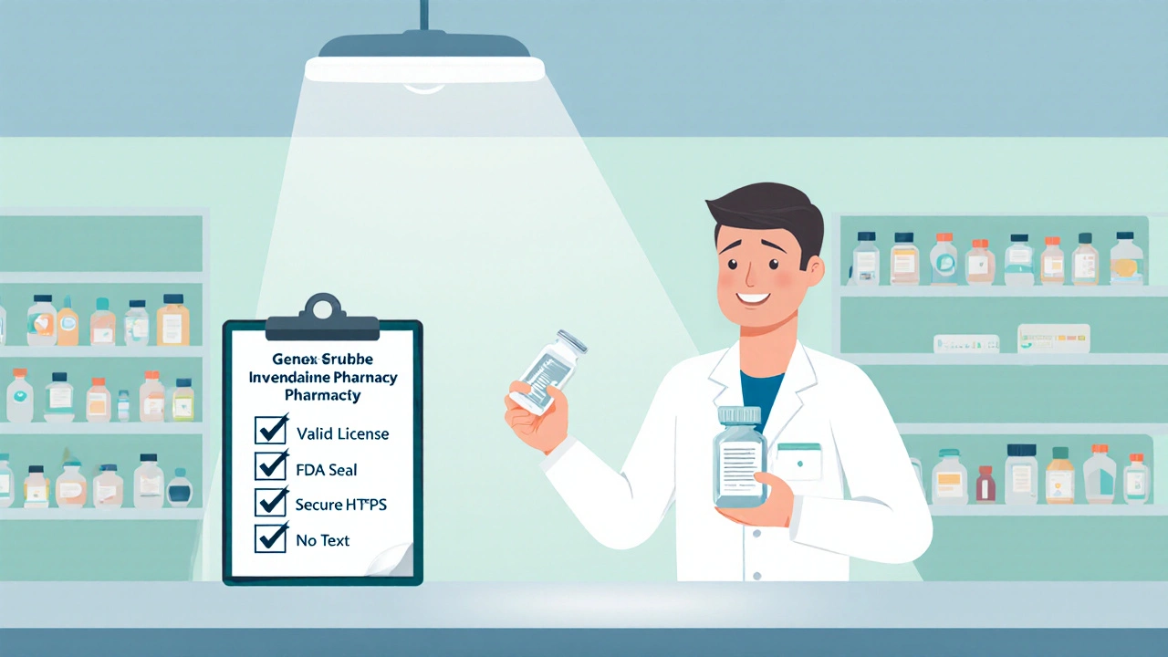 Pharmacist reviewing prescription with safety symbols on desk.