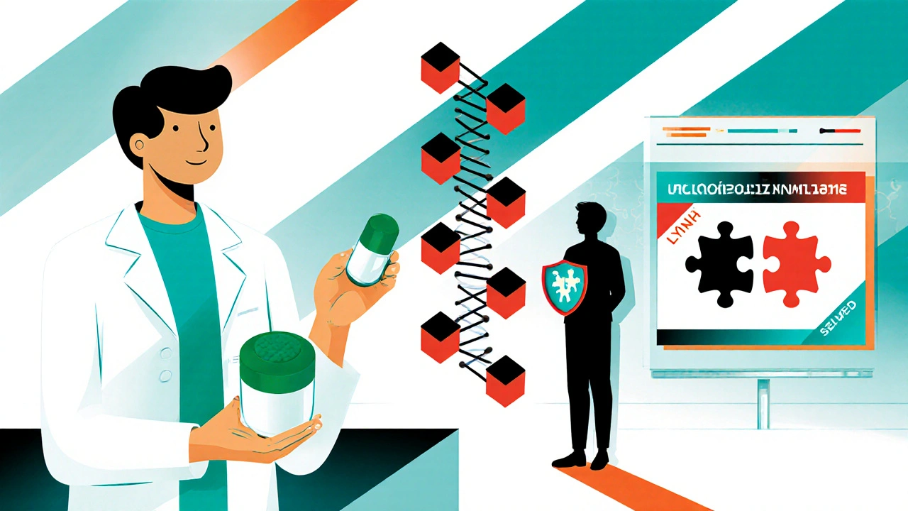 Scientist with low‑dose celecoxib pill, DNA helix, and patient shield for Lynch syndrome.