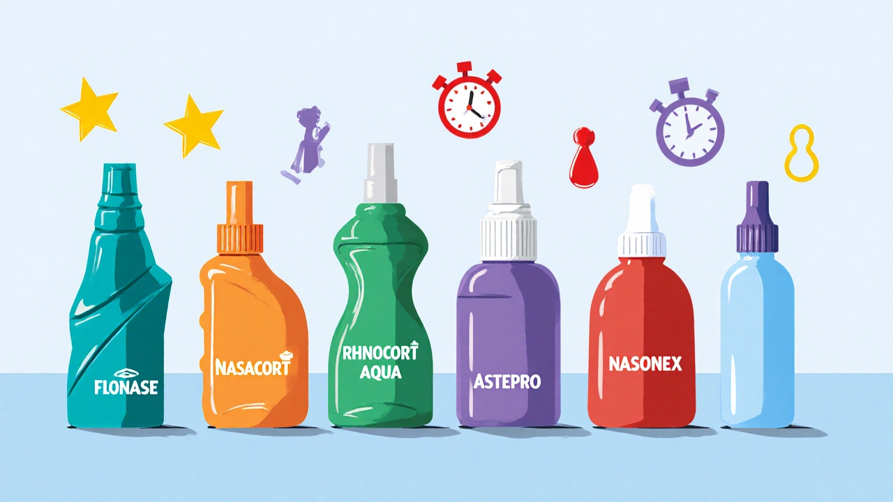 Six nasal spray bottles displayed with icons for effectiveness, onset, duration, side effects, price, and age.