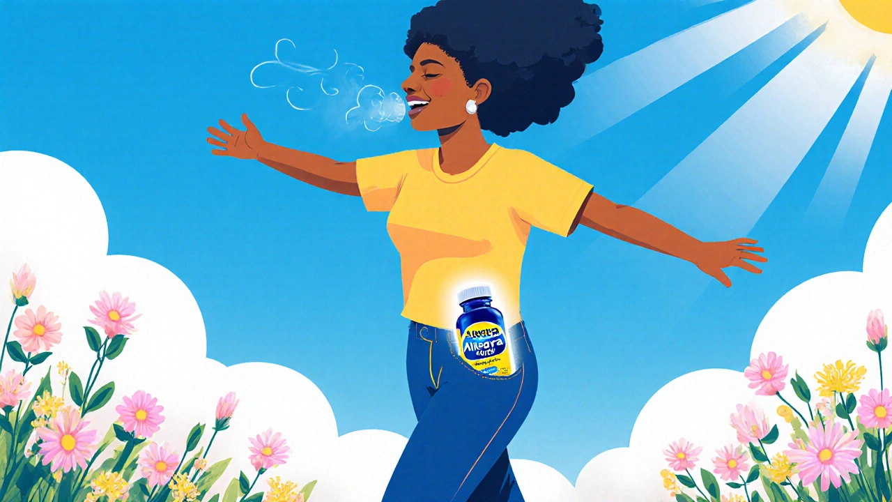 Smiling individual enjoying clear sky with allergy relief.