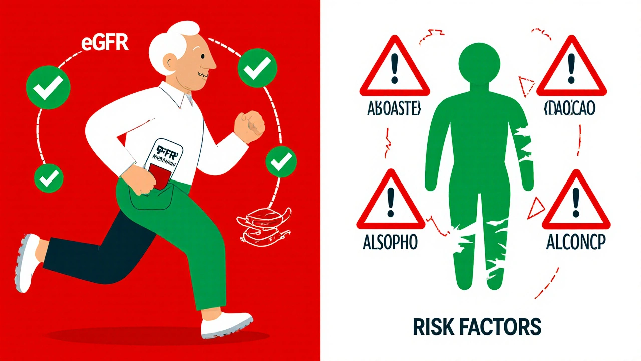 Split-panel illustration: healthy person with metformin vs. fractured body with risk warning triangles.