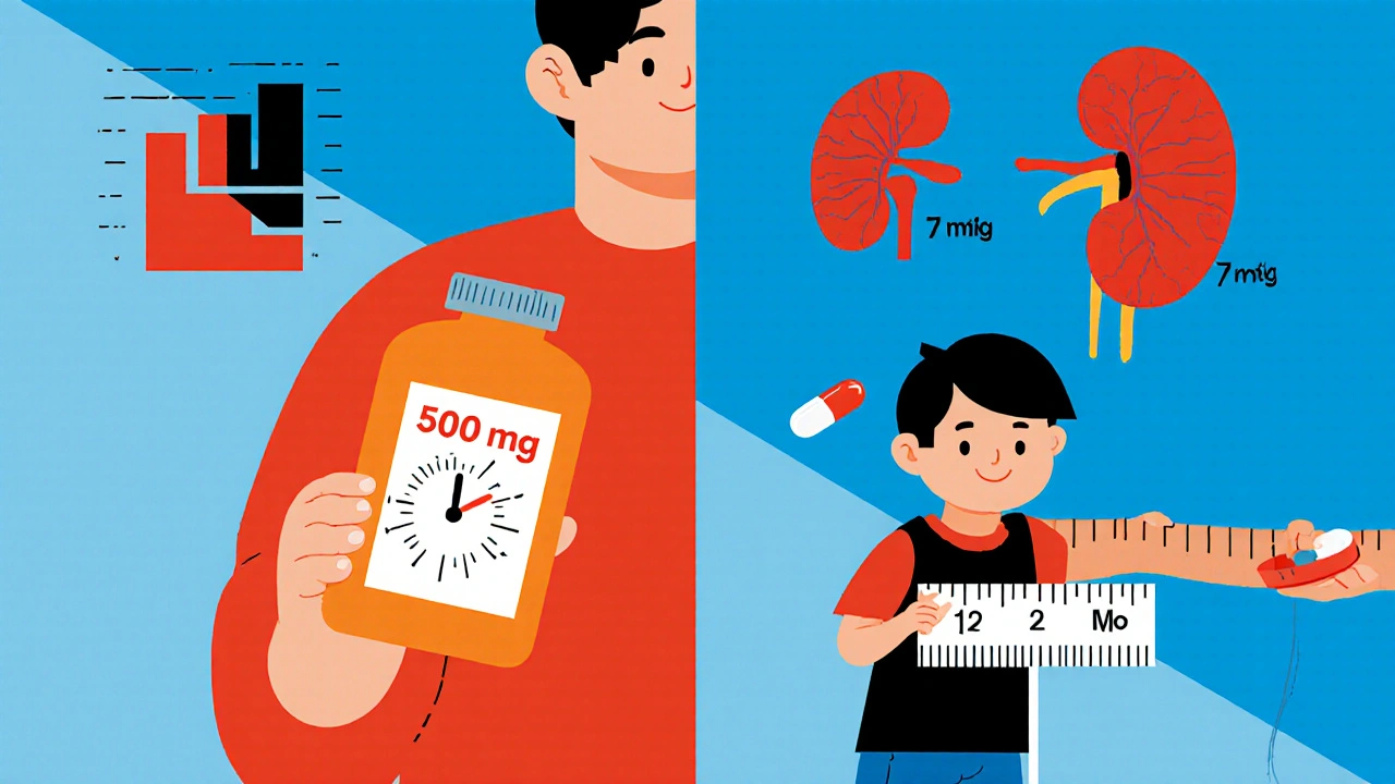 Split scene of adult and child dosing guidelines with geometric charts and kidney icon.
