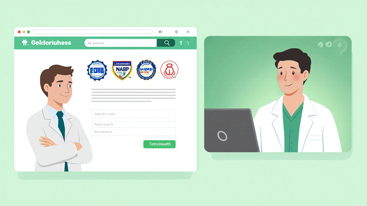 Split view of pharmacy website with pharmacist info and a telehealth video call with a doctor.