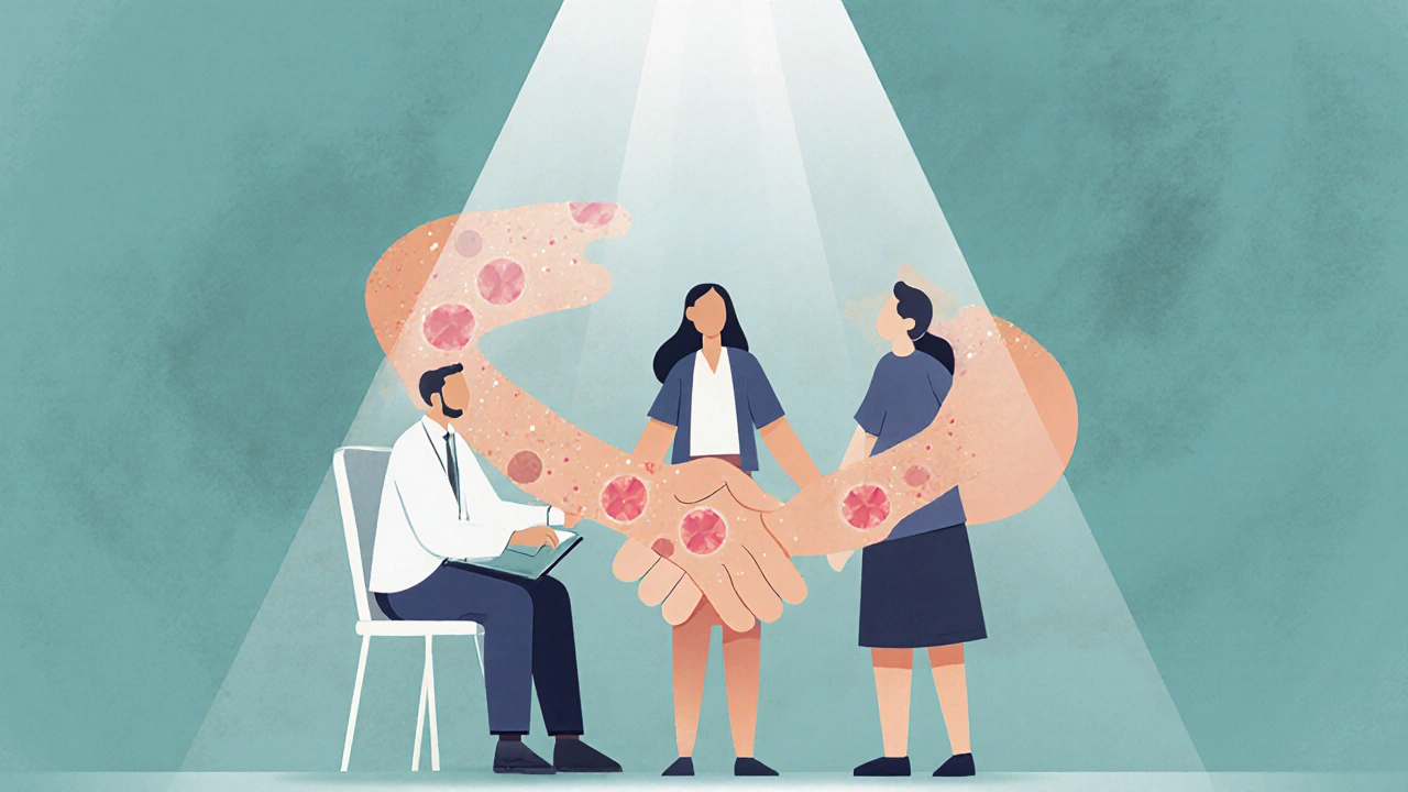 Therapist with a couple in a supportive circle, highlighting skin lesions and open communication.