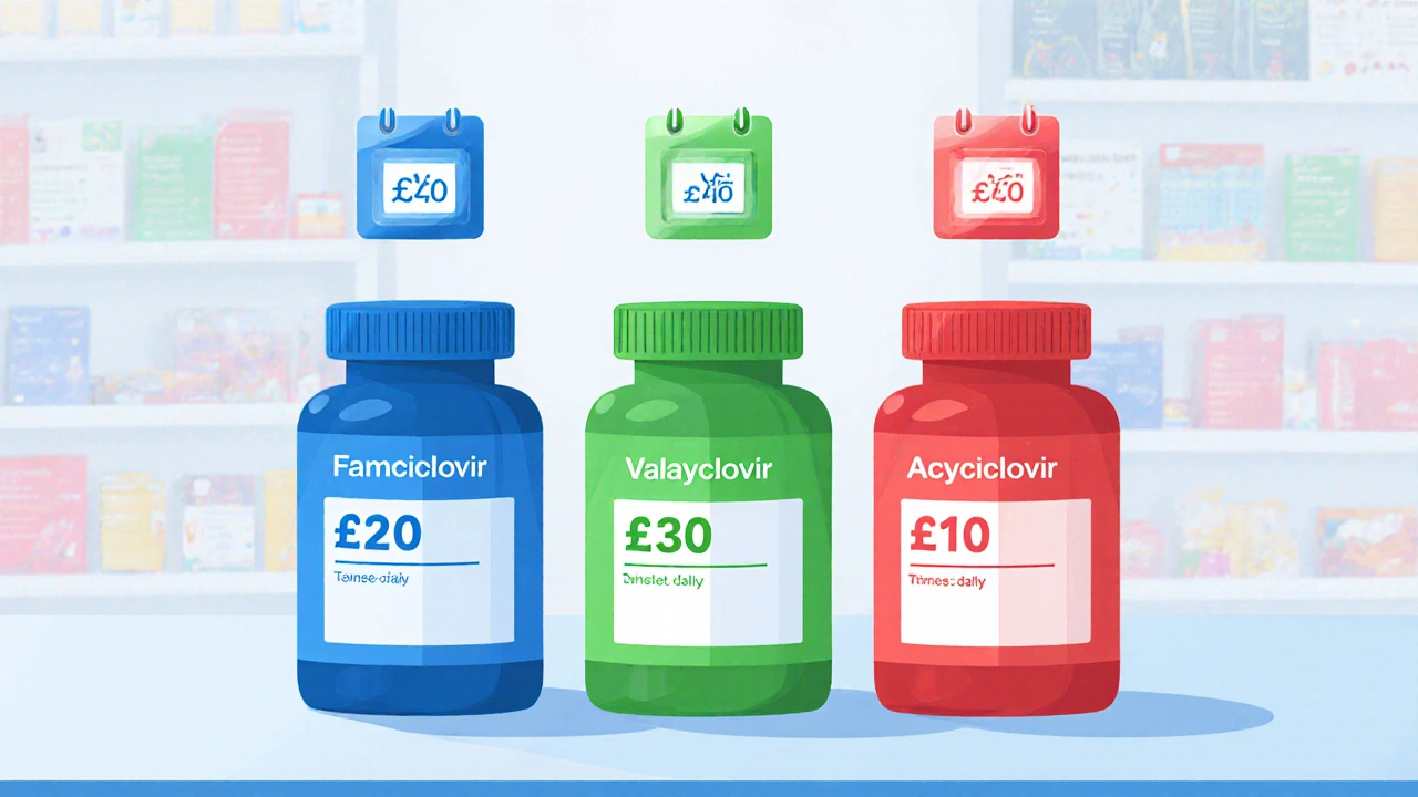 Three antiviral bottles with price and dosing icons on a pharmacy counter.