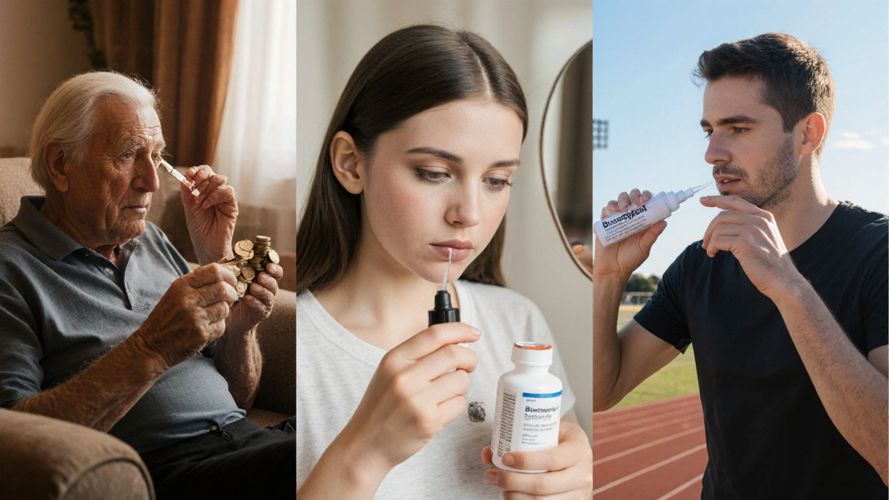 Three lifestyle scenes: senior with latanoprost, teen with longer lashes, athlete using preservative‑free drop.
