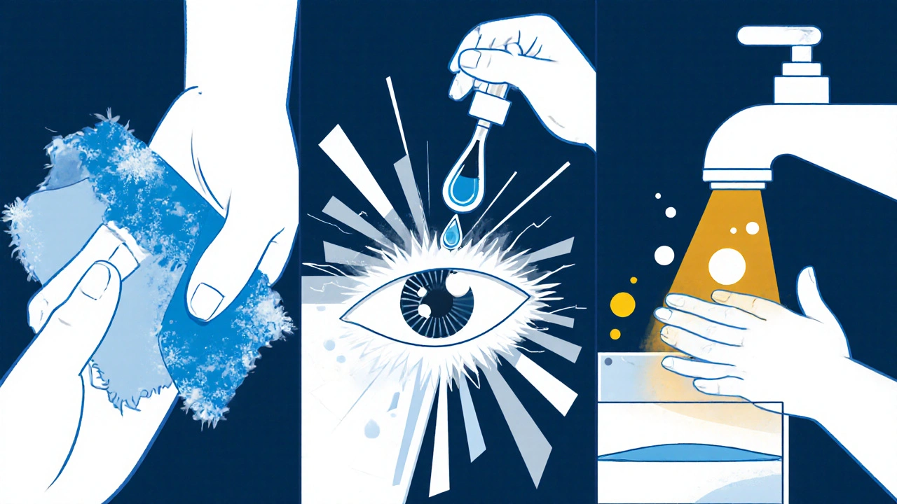 Three‑panel cartoon of a cool compress, eye drops, and hand washing for eye relief.