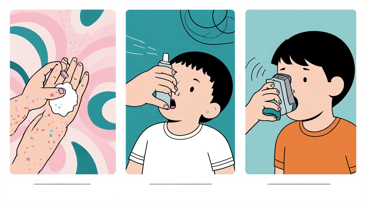 Three panels: child applying cream, caregiver using nasal spray, child inhaling mometasone inhaler.