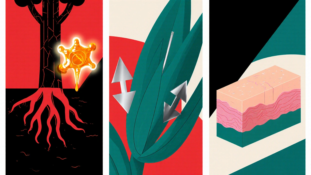 Three panels showing Podophyllum root, benzoin resin, and aloe gel effects.