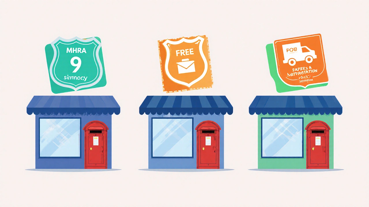 Three UK pharmacy storefronts with price tags, MHRA badges, and shipping icons.