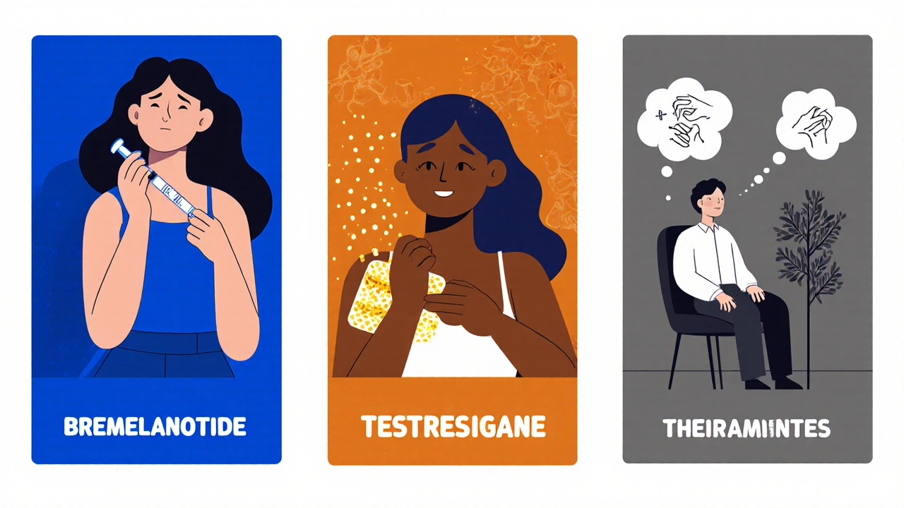 Three women representing different FSD treatments: injection, patch, and therapy in geometric frames.