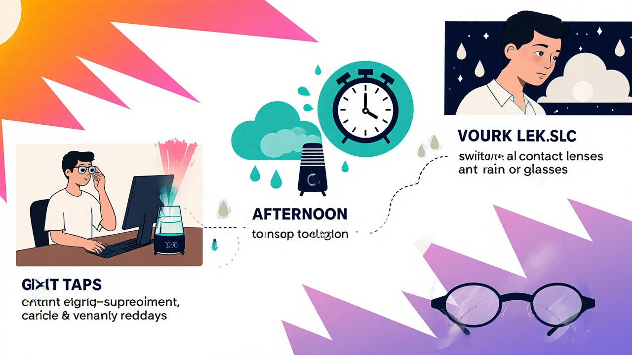 Timeline illustration of a daily routine with tears, 20‑20‑20 rule, humidifier, lens cleaning, and supplements.