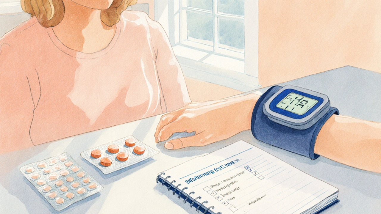 Woman at kitchen table reviewing medication and blood pressure with pastel watercolor.
