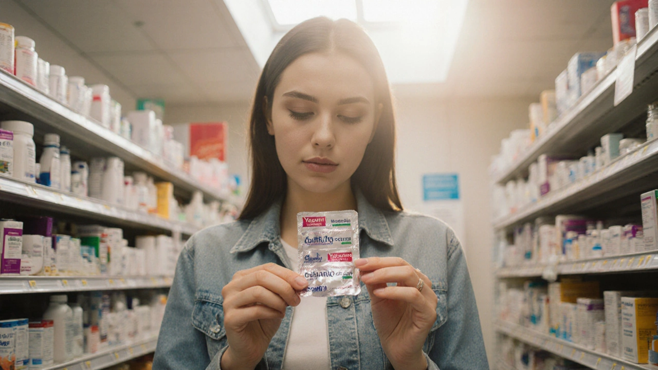 Woman checking a generic pill pack in a bright pharmacy aisle.