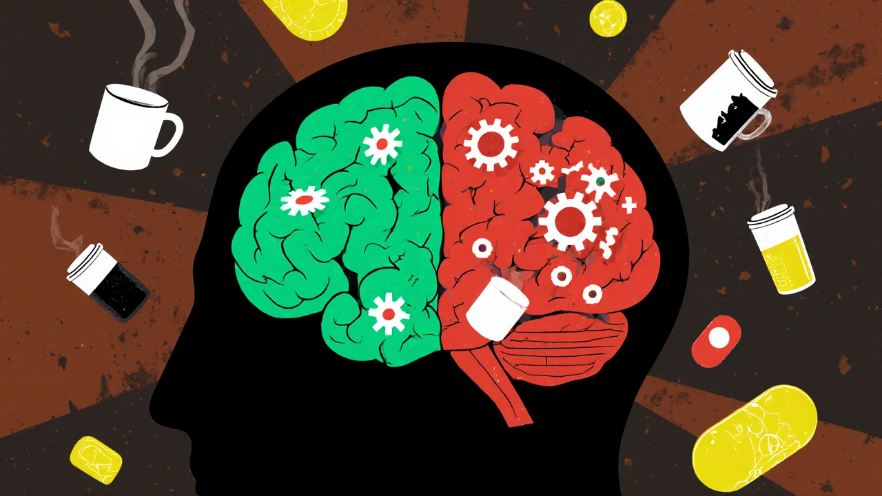 A brain with two pathways: one calm for sleep, one chaotic with caffeine jamming receptors like broken gears.