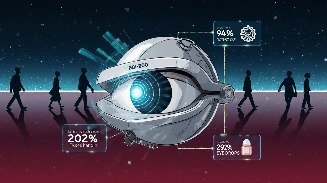 A futuristic diagnostic device scanning an eye, with floating data and a timeline showing advances in photophobia treatment.