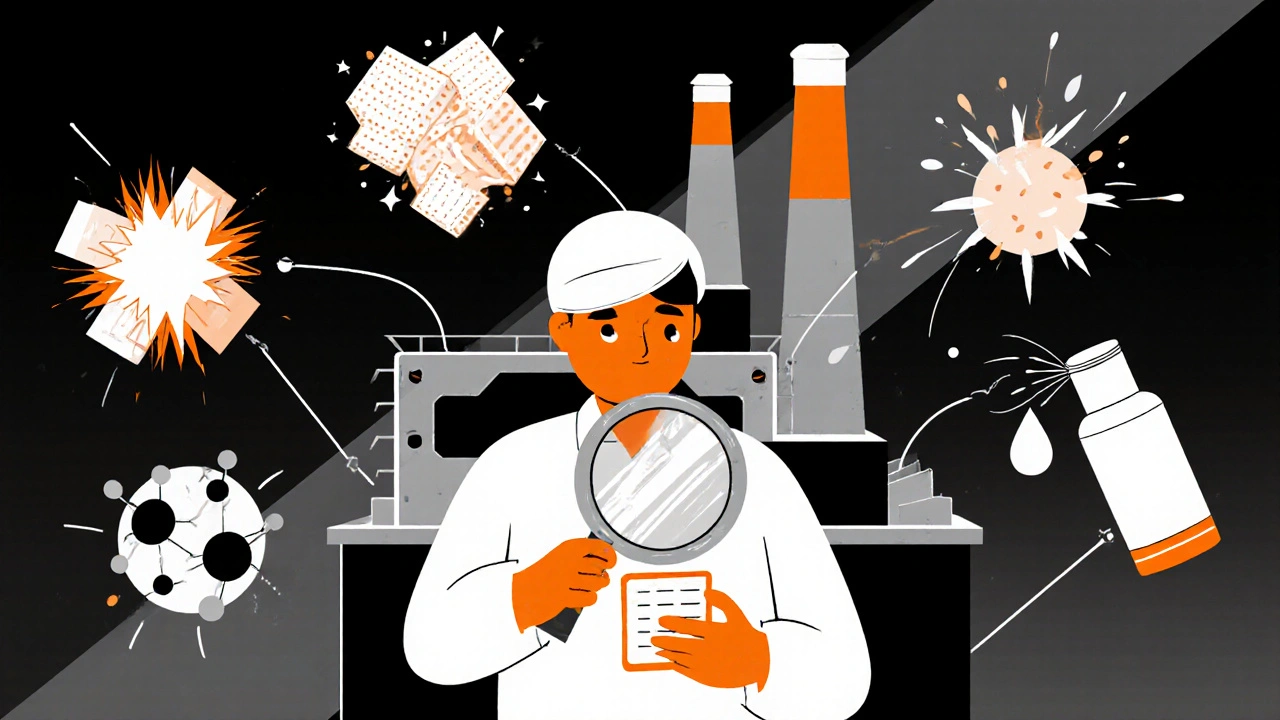 A laboratory scene with a worker using a magnifying glass shaped like a chimney, surrounded by abstract representations of drug degradation pathways.