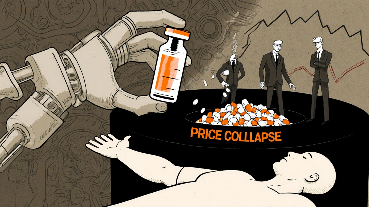 A mechanical hand placing a complex vial into a patient&#039;s arm while cheap pills vanish into a black hole.