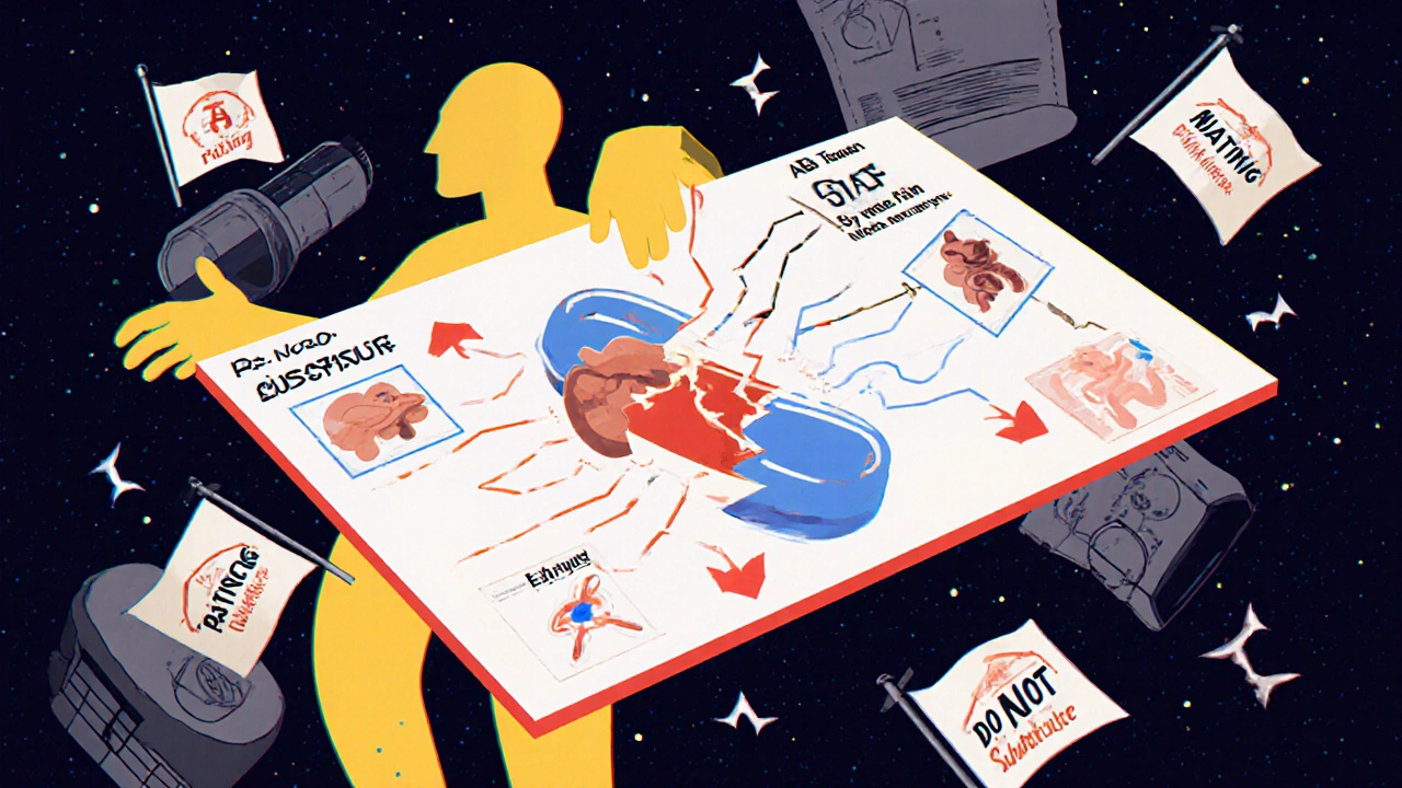 A medical chart with symptoms linked to a broken pill, surrounded by abstract warning shapes.
