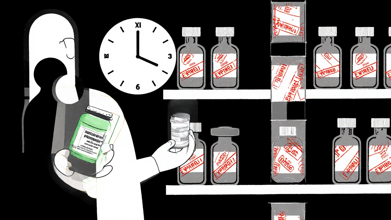 A patient holding an expired pill bottle with a transparent overlay showing degraded ingredients and toxic byproducts, against a clock made of test tubes.