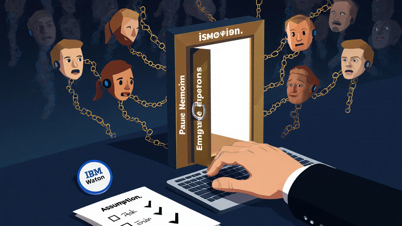 A person pausing mid-reaction as thought-chains break, revealing a door labeled &#039;Pause. Ask. Respond.&#039; in geometric style.