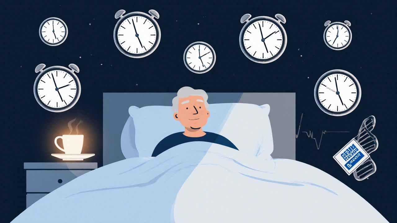 A person sleeps at midnight, surrounded by backward-ticking clocks and a glowing decaf cup, with a slow-metabolizer helix beside them.