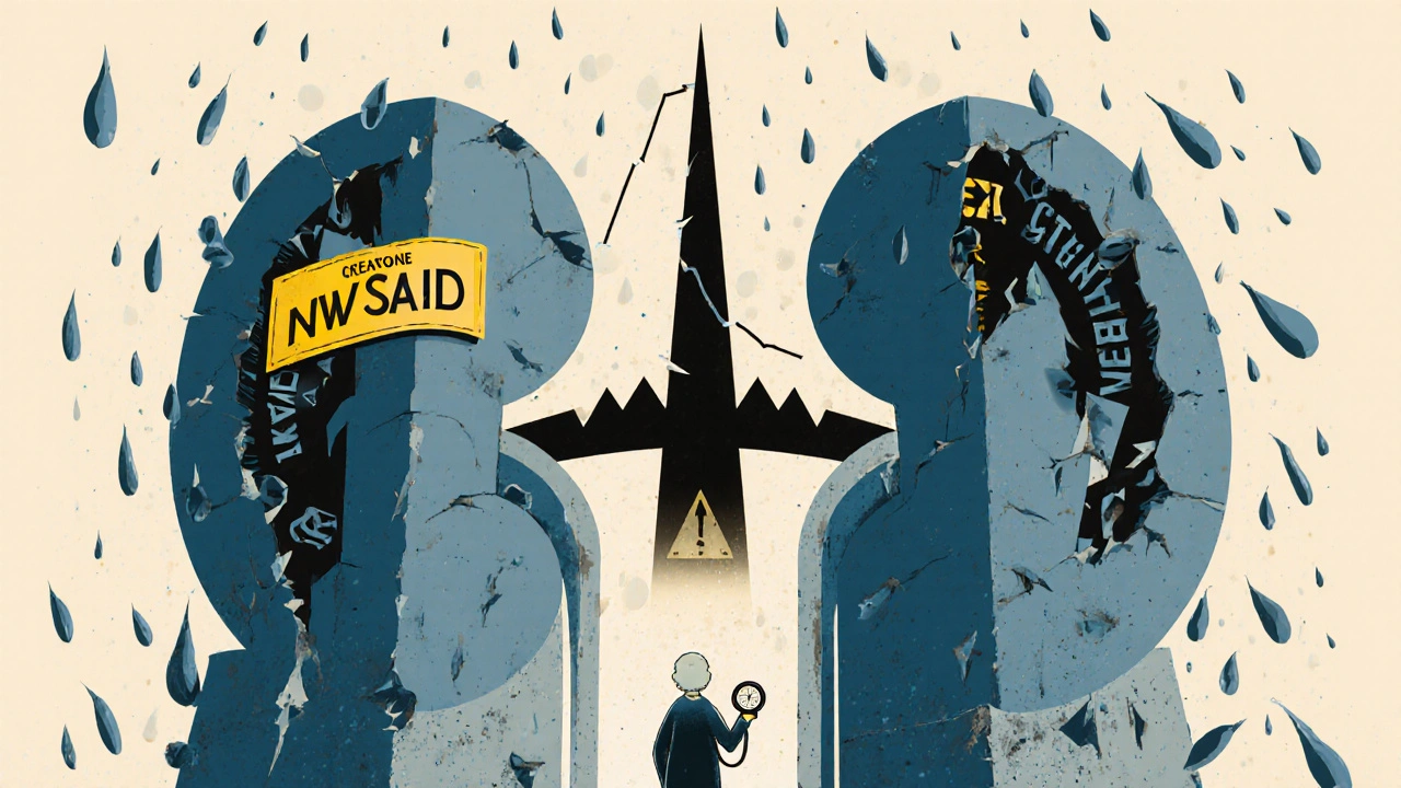 Abstract kidneys as crumbling towers under NSAID droplets, elderly figure below, rising creatinine graph piercing through